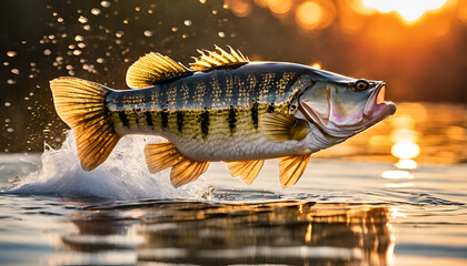 A dynamic image of a largemouth bass leaping out of the water, captured against the backdrop of a vibrant sunset, creating a striking and dramatic scene.