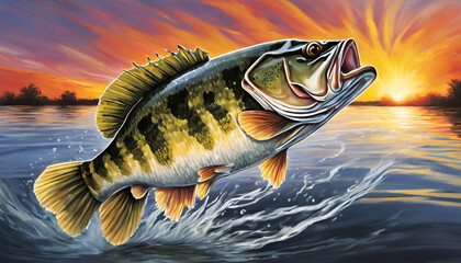 A dynamic image of a largemouth bass leaping out of the water, captured against the backdrop of a vibrant sunset, creating a striking and dramatic scene.