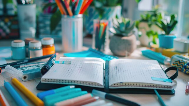 Creative journaling setup with a bullet journal, markers, and washi tape