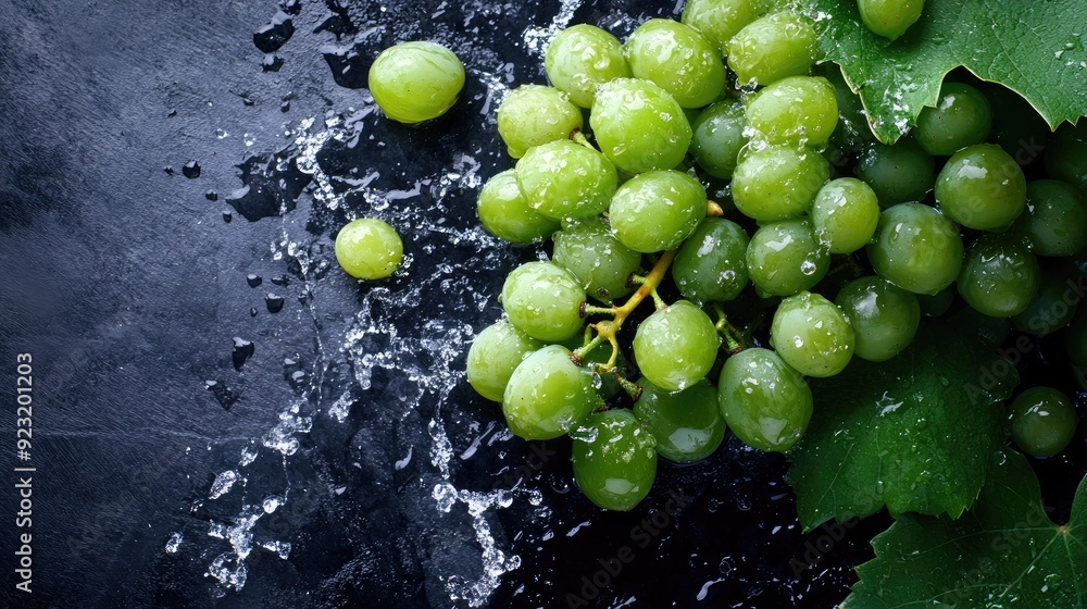 Poster fresh grapes with water splashes from a top view, ideal for adding text on the right