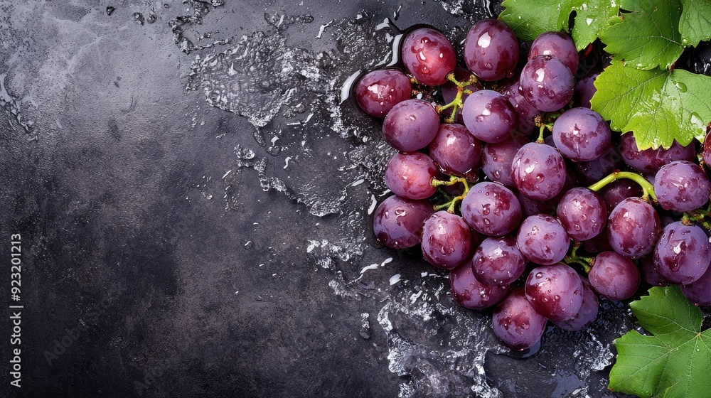 Poster fresh grapes with water splashes from a top view, ideal for adding text on the right