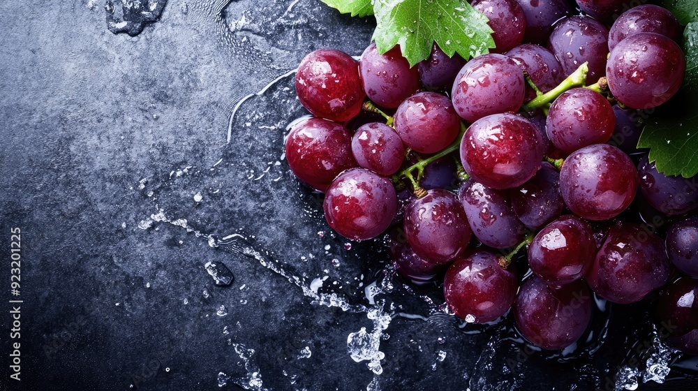 Poster fresh grapes with water splashes from a top view, ideal for adding text on the right