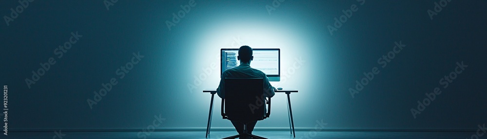 Poster a minimalist depiction of a hacker's identity, with a lone figure sitting in front of a computer in 
