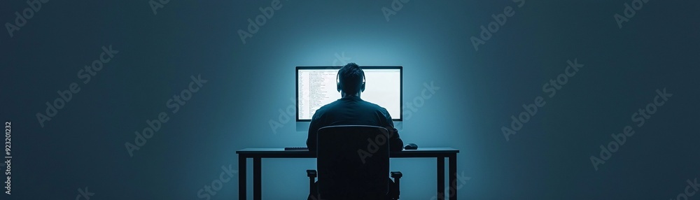 Poster a minimalist depiction of a hacker's identity, with a lone figure sitting in front of a computer in 