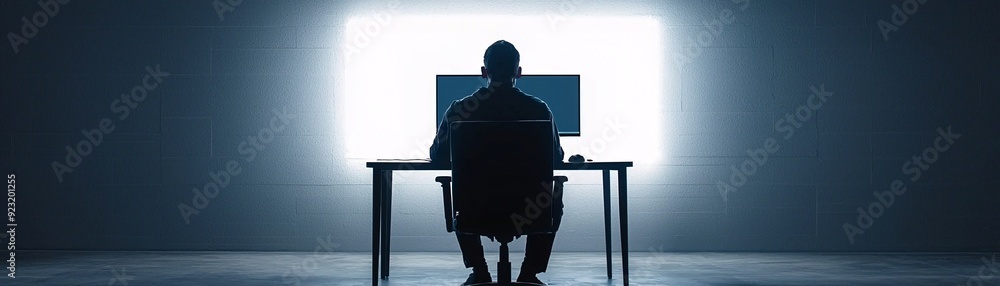 Poster a minimalist depiction of a hacker's identity, with a lone figure sitting in front of a computer in 