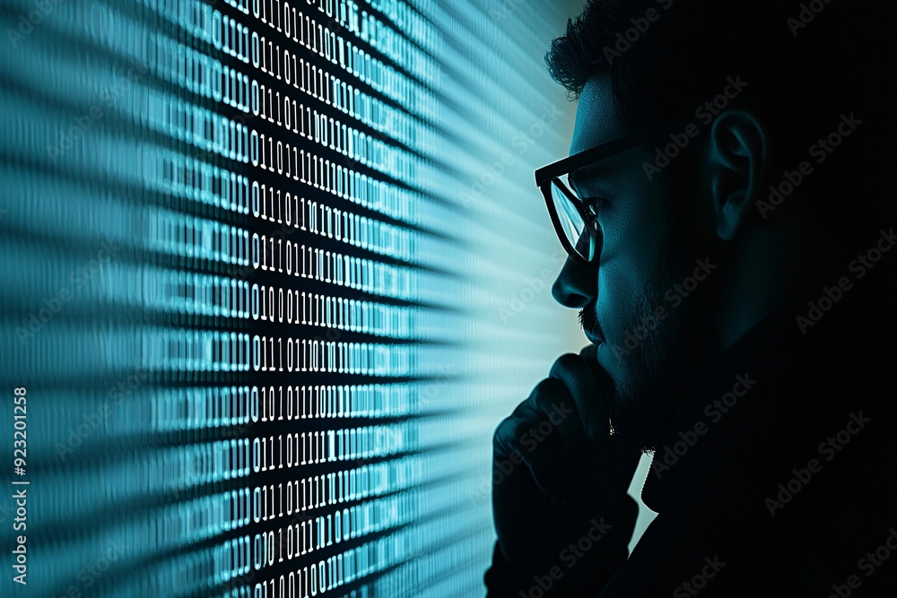 Poster a hacker's silhouette against a wall of code, with the figure partially hidden by shadows. the image