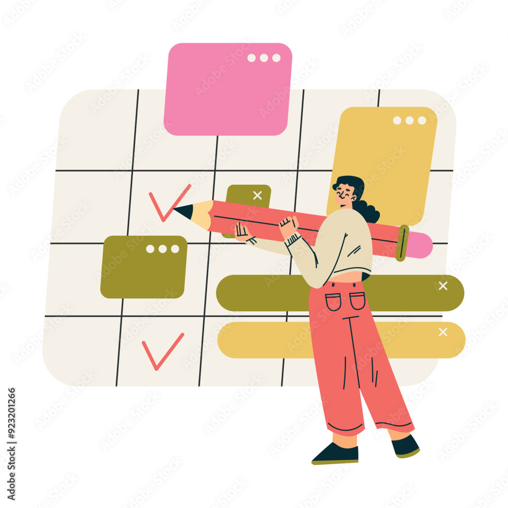 Poster multitasking woman character at calendar doing multiple task vector illustration
