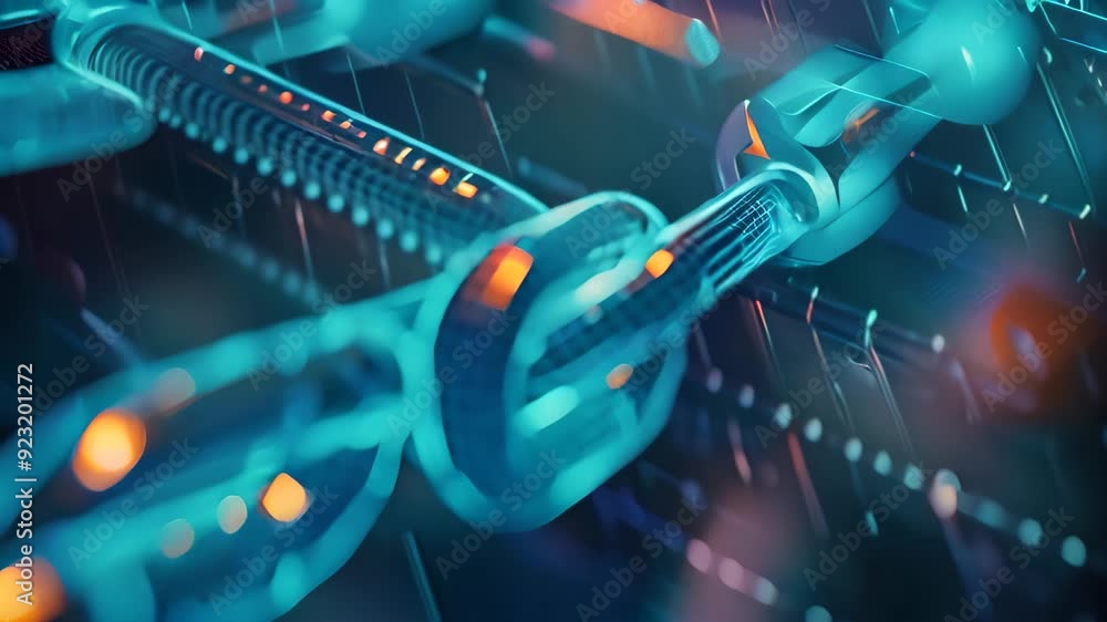Poster close up of chain on computer screen, utilizing blockchain technology to securely manage patient hea