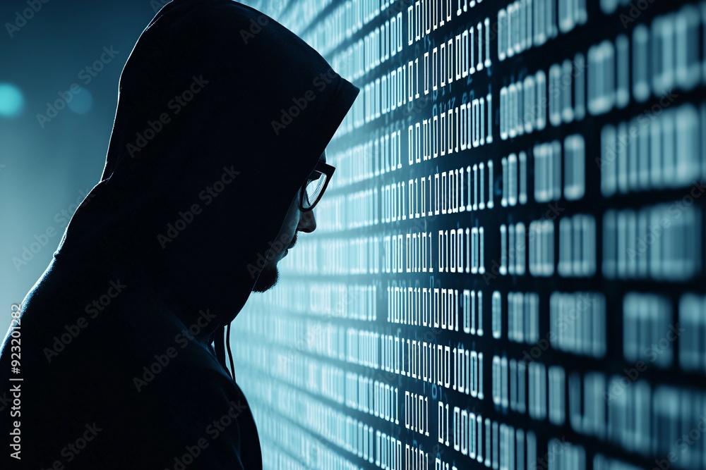 Poster a hacker's silhouette against a wall of code, with the figure partially hidden by shadows. the image