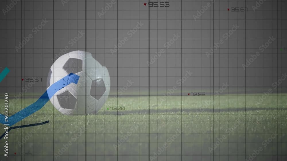 Poster soccer ball on grass with data analysis animation over grid background