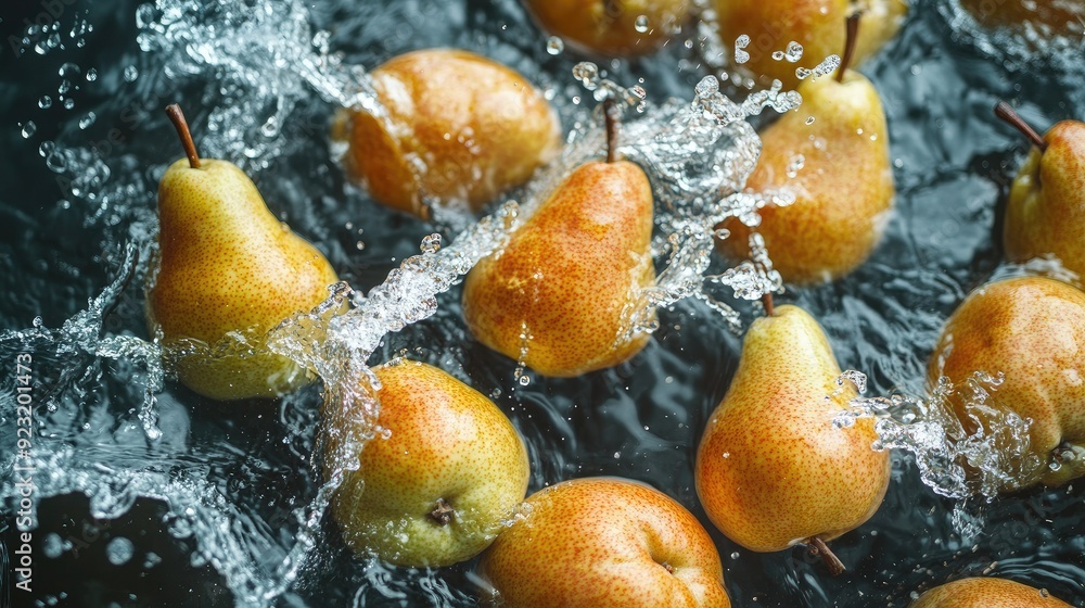 Poster fresh pears splashing in water from a top view. copy space available for branding on the top