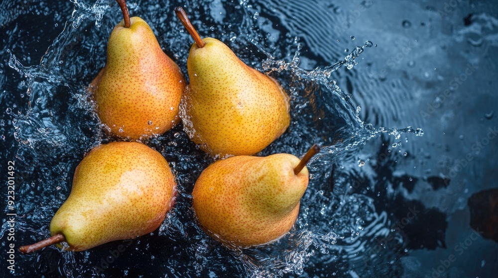 Aufkleber fresh pears splashing in water from a top view. copy space available for branding on the top