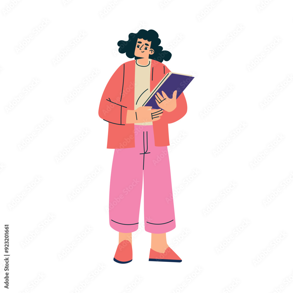 Poster multitasking woman character doing multiple task stand with clipboard vector illustration