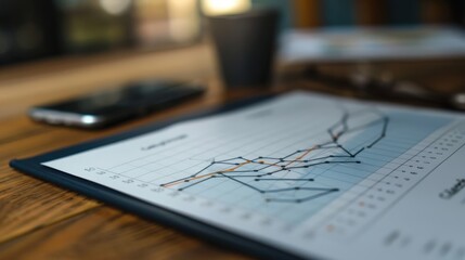 A blue piece of paper with a graph on it sits on a wooden table