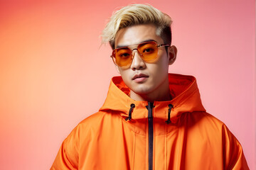 A man in an orange hoodie and sunglasses