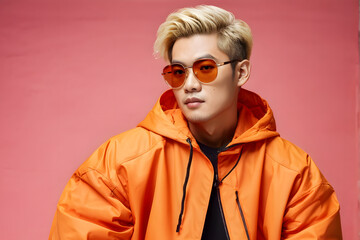 A man in an orange hoodie is wearing sunglasses
