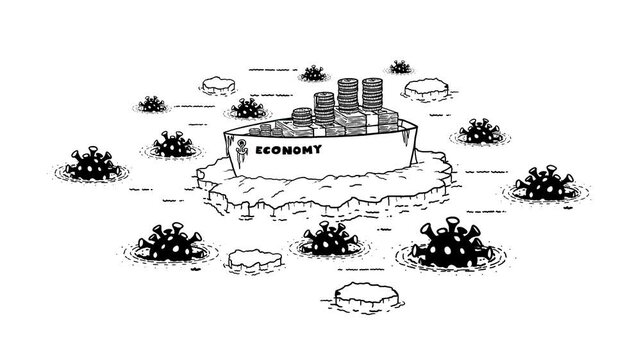 Sea mines and ship whiteboard. Economy lockdown metaphor. Ship with money frozen on arctic sea and mines. Global disease of economy black and white. Information, education material.