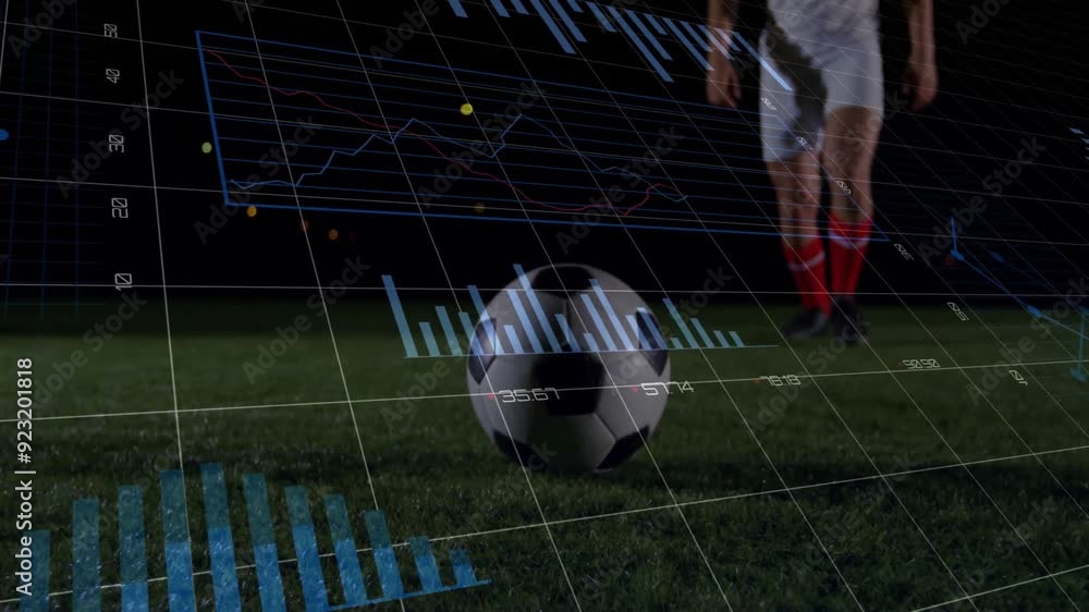 Poster soccer player kicking ball with financial data processing animation over field