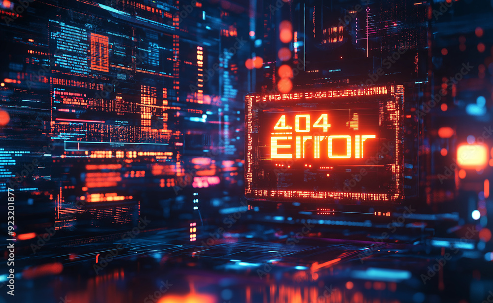 Poster digital 404 error message glowing in a futuristic, neon-lit data environment.