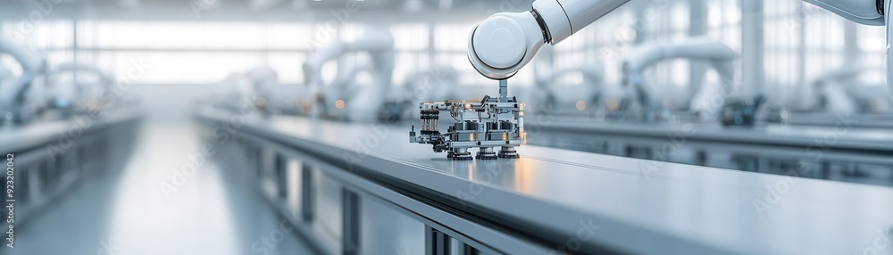 Poster a futuristic ai-powered factory with robotic arms building complex machinery, symbolizing automation