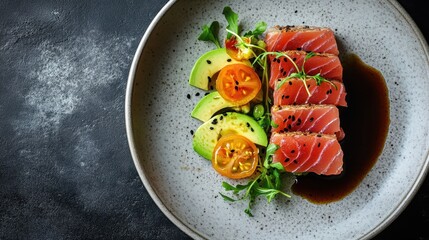 Exquisite Seared Tuna and Avocado Appetizer With Soy Drizzle on Minimalist Plate