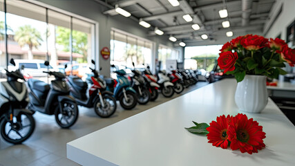 Red flowers on white table in a showroom with scooters in the background.
