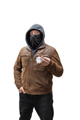 Drug dealer, dangerous hooded criminal man in black mask and brown leather jacket holding...