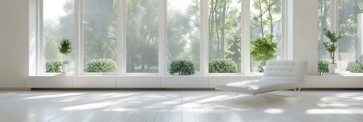 Obraz premium Large Windows. Modern White Interior Design With Empty Living Room