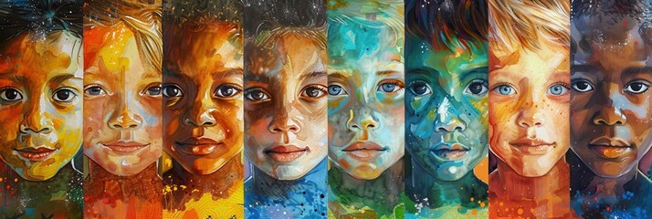 Latinos. Poster of Diverse Children Playing and Painting Together