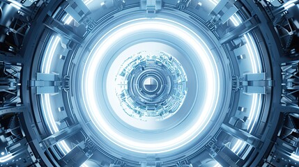 A glowing neon reactor core visualization, encapsulating advanced energy technology and futuristic design within a circular frame. copy space for text.