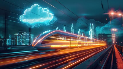 A train is traveling down a track with a city in the background