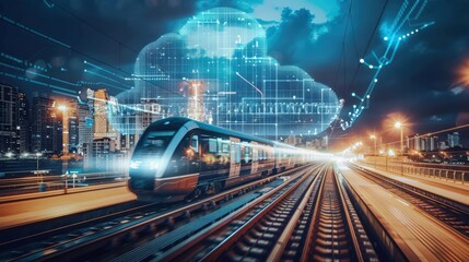 A train is traveling down a track with a cloud in the background