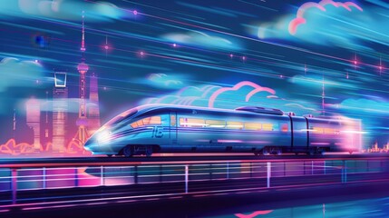 Fototapeta premium A train is traveling through a city with a futuristic skyline in the background