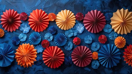 frame made of paper fans in color of american flag on dark blue background happy memorial day columbus day usa independence day concept flat lay top view.