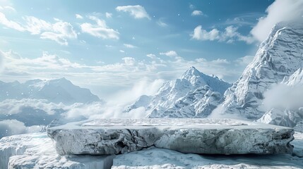 A mountain range with a snow covered rock in the foreground