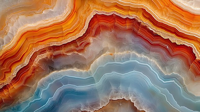 Close-up of a slice of agate with layered, colorful bands.