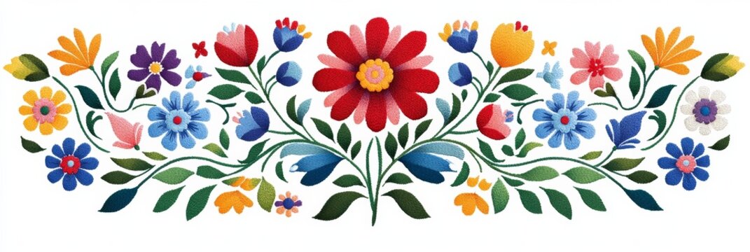 A colorful digital illustration of traditional Polish folk floral embroidery with vibrant flowers and leaves
