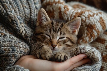 woman's hand hold adorable little cat surround by knitted sweaters. love between humans and animals. cozy moments