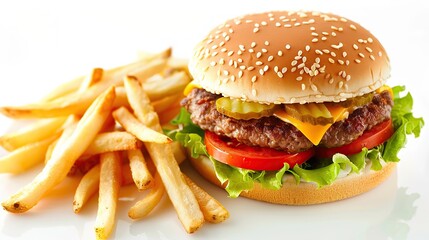 Delicious cheeseburger with fries, perfect for fast food advertisements and restaurant menus. copy space for text.