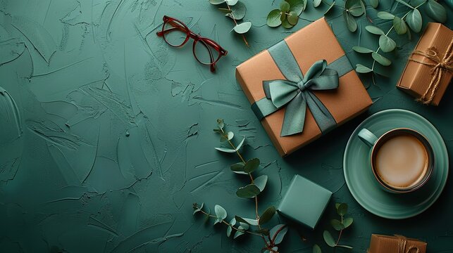 happy fathers day concept vintage flat lay composition with gift box coffee cup necktie glasses on green background top view vertical.
