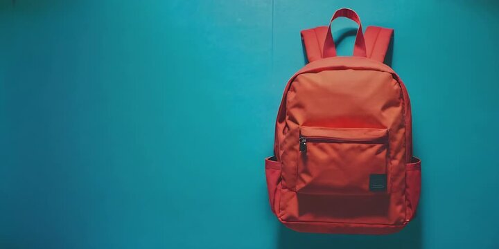 Red backpack on blue background &ndash; back to school