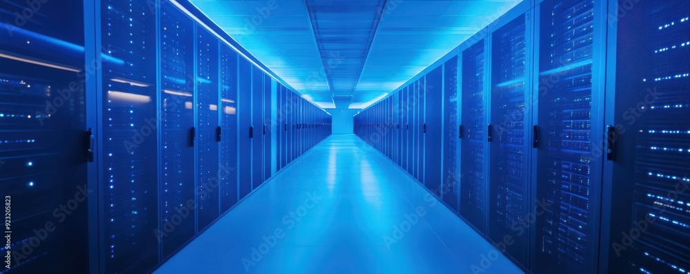 Poster a modern data center corridor illuminated with vibrant blue lights and lined with rows of high-perfo
