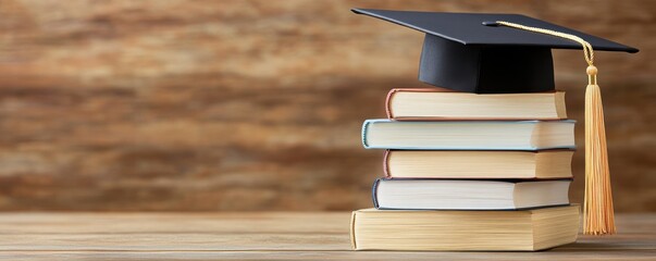 A stack of books topped with a graduation cap symbolizes education, achievement, and academic success in a rustic environment.