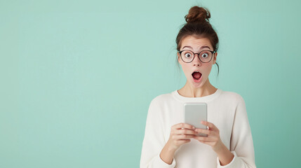 A portrait of a surprised young woman staring at her smartphone in disbelief, her wide eyes and open mouth capturing the shock and amazement of the moment, photo