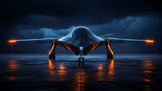 A dark and moody image of a futuristic fighter jet in stealth mode, blending into a stormy night sky.