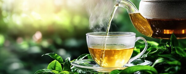 A serene cup of steaming green tea, surrounded by fresh tea leaves, capturing the essence of relaxation and natural warmth.