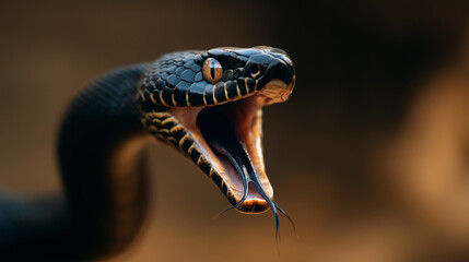 Obraz premium The fierce expression of a black snake is captured in a detailed close-up, its mouth wide open, showcasing its fangs and the textured scales, emphasizing the danger and raw power o