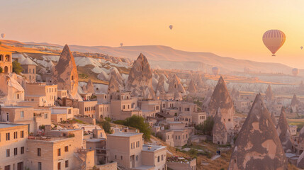 Obraz premium Time-worn cave houses carved into the rock face of Cappadocia, illuminated by the soft light of sunrise, stand as a testament to ancient ingenuity, with hot air balloons drifting i