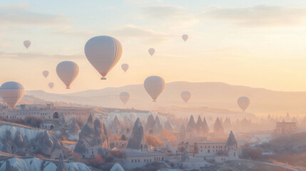 Obraz premium Time-worn cave houses carved into the rock face of Cappadocia, illuminated by the soft light of sunrise, stand as a testament to ancient ingenuity, with hot air balloons drifting i