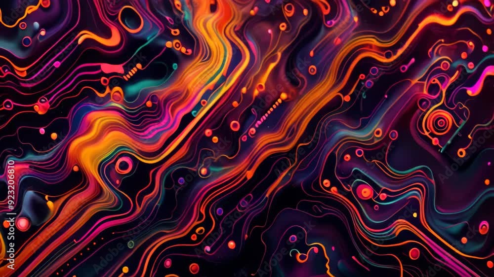 Poster vibrant lines and dots create an abstract background resembling a circuit board pattern, vibrant col
